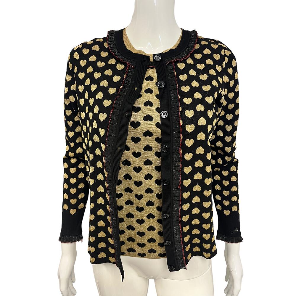 GUCCI Black Gold Knit Heart Ruffle Accent Twinset Sweater Set Size S